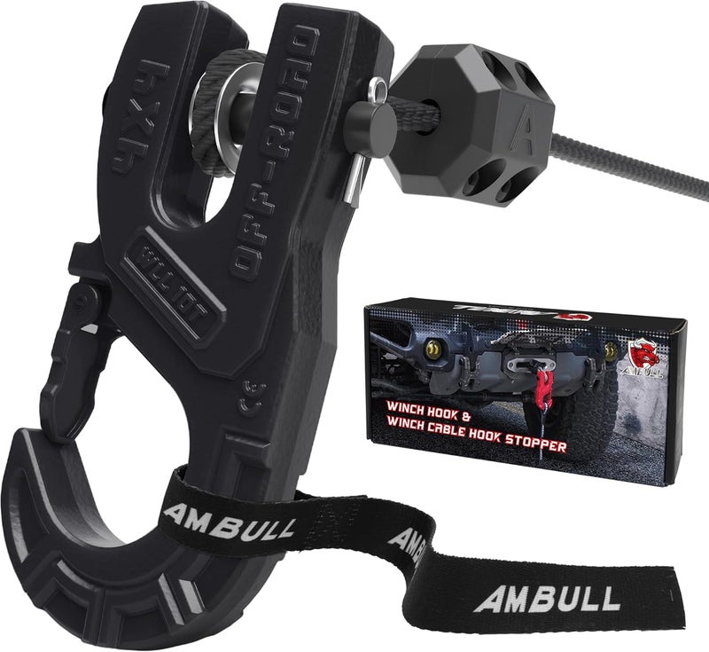 AMBULL 3/8" Tow Winch Hook with Cable Stopper, 10T Winch Hook, Upgrade Heavy Duty Forged Steel Winch Hook, 31967lbs Max Strength, Clevis Clip Hook Set for Synthetic Rope, Off-Road Vehicle, Black - Image 1